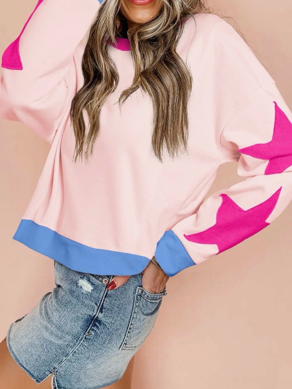 Pink Star Accent Pullover Sweatshirt with Blue Hem